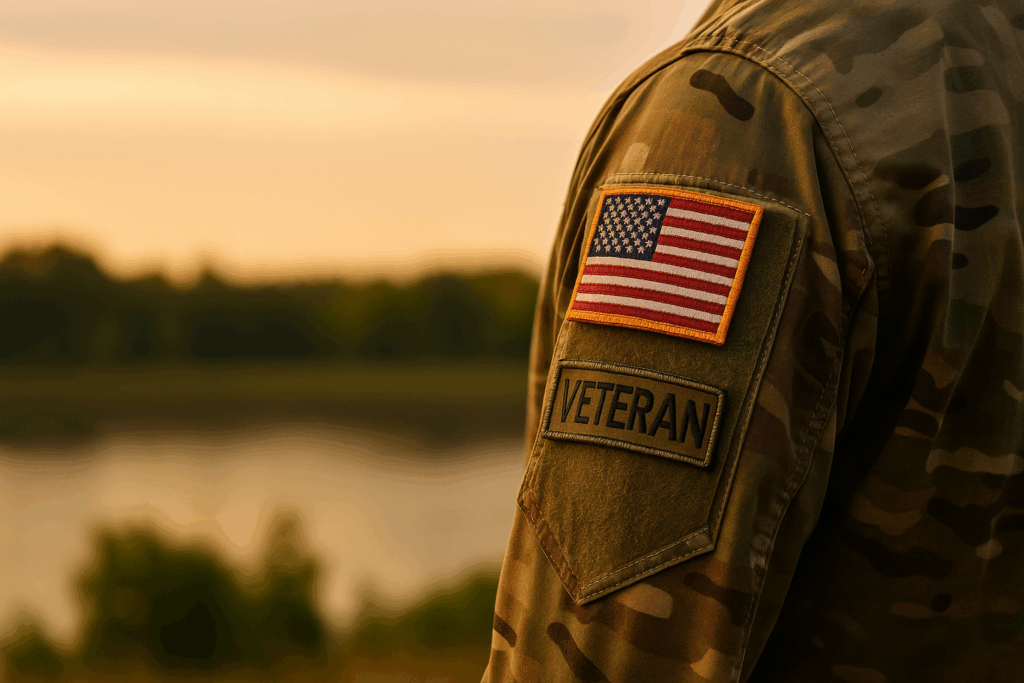 Close-up of a veteran’s camouflage uniform with an American flag patch and “VETERAN” label, symbolizing trauma recovery and the impact of the Dual Sympathetic Reset in PTSD treatment.