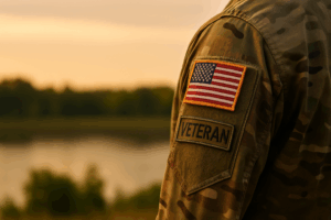 Close-up of a veteran’s camouflage uniform with an American flag patch and “VETERAN” label, symbolizing trauma recovery and the impact of the Dual Sympathetic Reset in PTSD treatment.