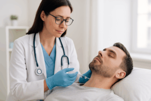 how SGB works shown through a doctor performing a stellate ganglion block on a patient in a clinical setting