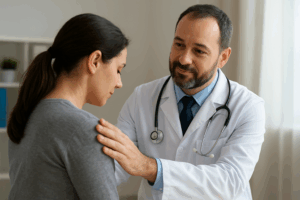A compassionate doctor gently places a reassuring hand on a woman’s shoulder during a consultation, symbolizing empathy and trauma awareness in a calm medical setting.