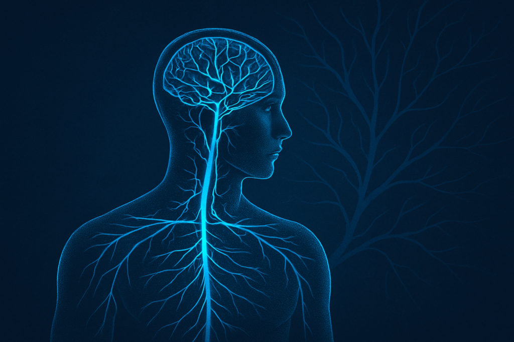 Scientific illustration of the human nervous system highlighting the sympathetic response pathways, symbolizing trauma science and sympathetic reset therapy as explored in Eugene Lipov The God Shot.