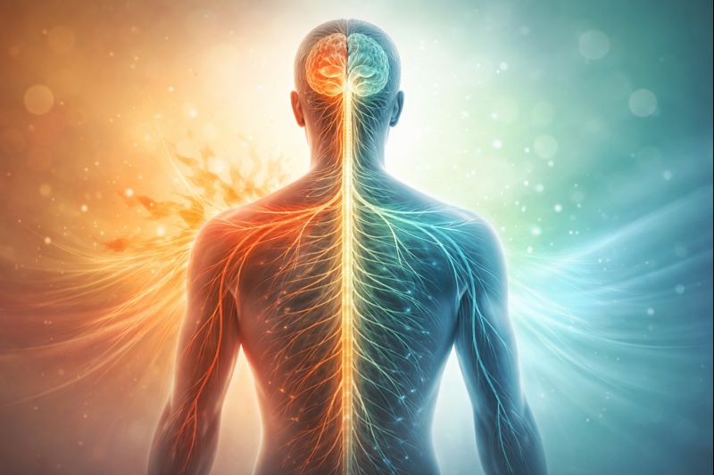 PTSD nervous system treatment illustrated through a calm, abstract view of the autonomic nervous system shifting from fight-or-flight to regulation.