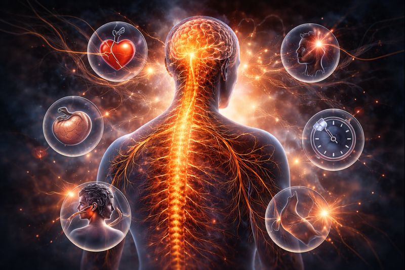 Illustration of a dysregulated nervous system showing the brain, spinal cord, and neural pathways with glowing energy, representing physical symptoms and overstimulation.