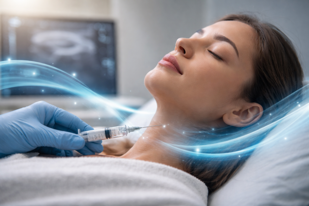 Patient receiving nervous system regulation therapy with SGB nerve block, illustrating anxiety relief and stress reset.