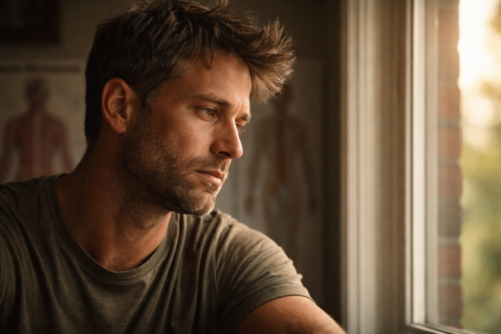 A calm, reflective scene representing recovery, illustrating how is a stellate ganglion block permanent can affect the sympathetic nervous system and PTSD symptoms.