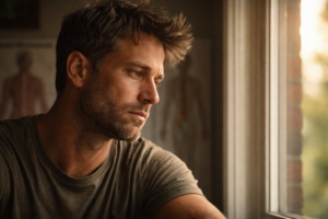 A calm, reflective scene representing recovery, illustrating how is a stellate ganglion block permanent can affect the sympathetic nervous system and PTSD symptoms.