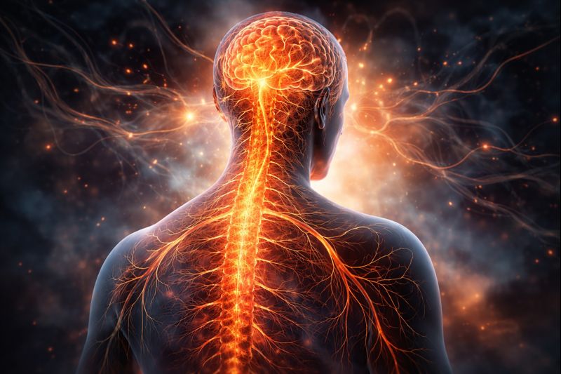 Illustration of a dysregulated nervous system showing the brain and spinal cord with glowing neural pathways, representing physical symptoms and overstimulation.