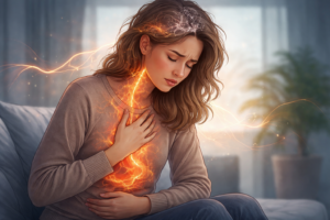 Why does my anxiety make me feel physically sick — illustration showing nervous system overload causing physical symptoms like chest tightness and stomach discomfort