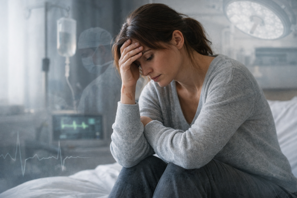 PTSD after surgery shown through emotional numbness as a woman sits quietly in a hospital setting feeling disconnected and overwhelmed