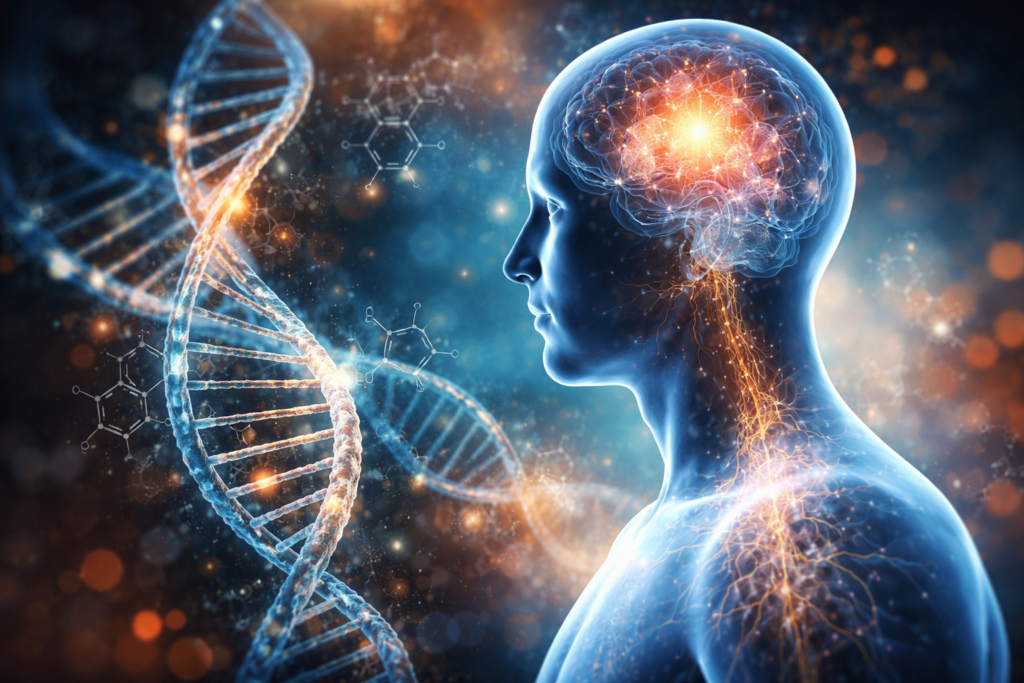 Epigenetic effects of trauma illustrated with DNA strands and neural pathways showing how gene expression shapes trauma and recovery.