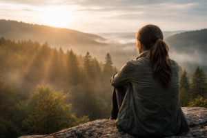A person sitting on a rock overlooking a misty forest at sunrise, reflecting in calmness — representing post-traumatic stress injury and the journey of trauma therapy.