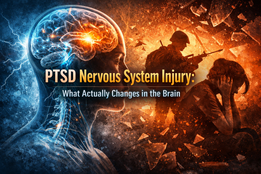 Illustration showing PTSD nervous system injury with a glowing brain and neural pathways beside a distressed figure, symbolizing trauma’s impact on the central nervous system.