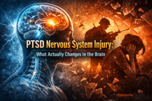 Illustration showing PTSD nervous system injury with a glowing brain and neural pathways beside a distressed figure, symbolizing trauma’s impact on the central nervous system.