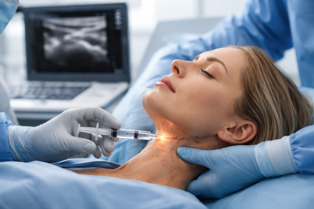 Alt Text (with focus keyword included naturally): Ultrasound-guided Stellate Ganglion Block for PTSD procedure showing a physician administering a targeted neck injection in a clinical setting.