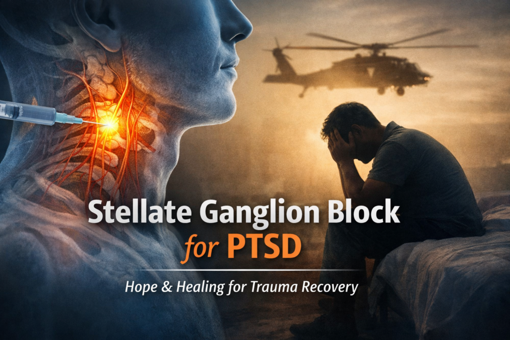 Stellate ganglion block for PTSD showing neck nerve injection with trauma patient in background symbolizing treatment and recovery