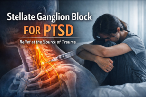 Stellate ganglion block for PTSD illustration showing nerve injection and emotional trauma concept