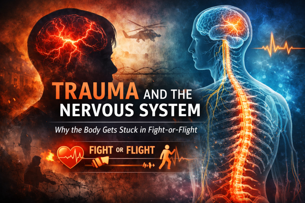 Illustration showing trauma and nervous system response with brain, spine, and fight-or-flight stress activation.