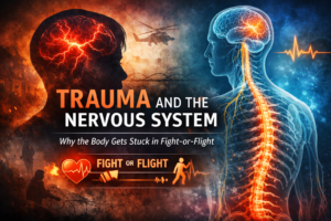 Illustration showing trauma and nervous system response with brain, spine, and fight-or-flight stress activation.