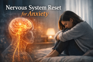 Nervous system reset for anxiety concept showing stressed woman and glowing brain illustration