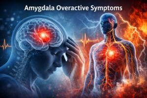 Amygdala overactive symptoms illustrated with glowing brain activity and a human body showing an activated nervous system and stress response in a dramatic landscape visual