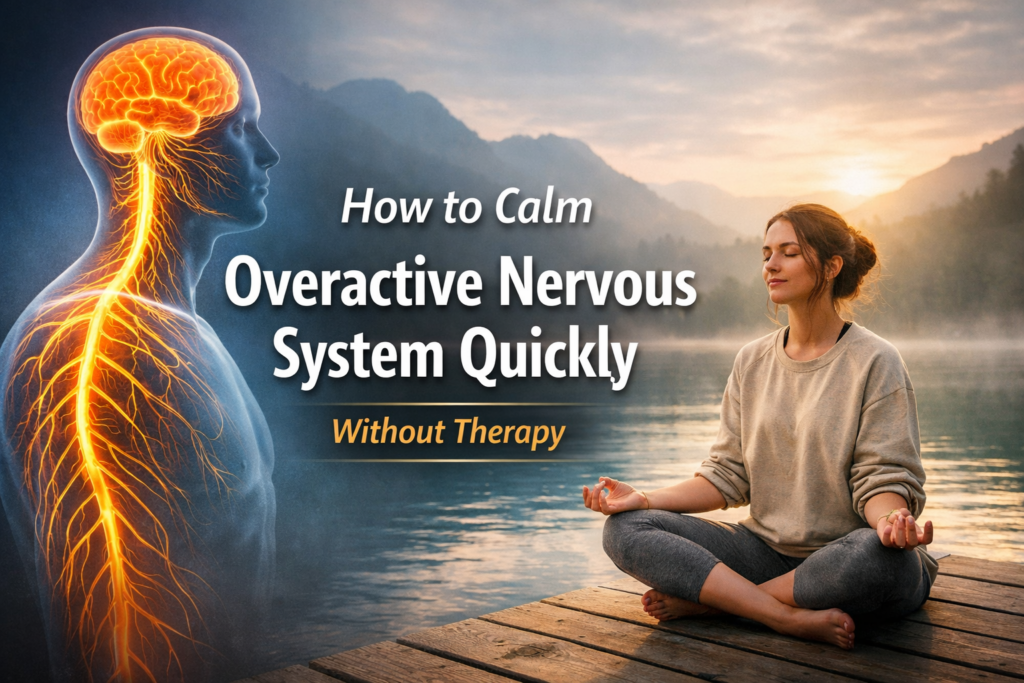 How to calm overactive nervous system quickly concept showing meditation and nervous system illustration in a peaceful landscape