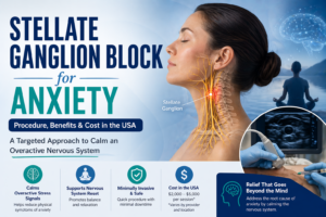 Stellate Ganglion Block for anxiety procedure illustration showing neck nerve injection and nervous system calming