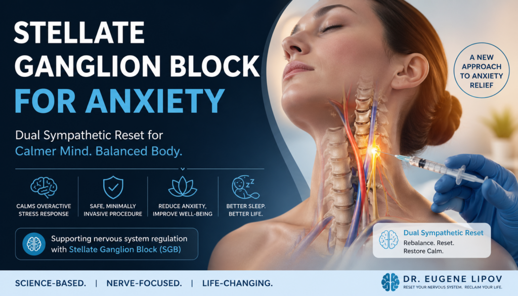 Stellate Ganglion Block for Anxiety and Dual Sympathetic Reset medical illustration showing nerve-targeted procedure for anxiety relief and nervous system regulation.