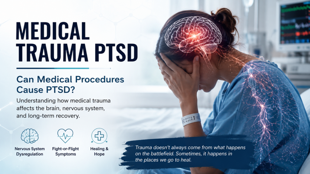 Medical Trauma PTSD illustration showing a distressed hospital patient experiencing nervous system dysregulation and fight-or-flight symptoms after a traumatic medical procedure.