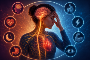 Sympathetic nervous system dysfunction symptoms illustrated through stressed woman with overactive nerves, highlighting anxiety, insomnia, and body tension