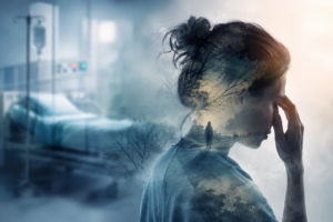 Medical Trauma PTSD conceptual illustration showing a distressed patient in a hospital setting experiencing emotional trauma, anxiety, and nervous system dysregulation after medical procedures.