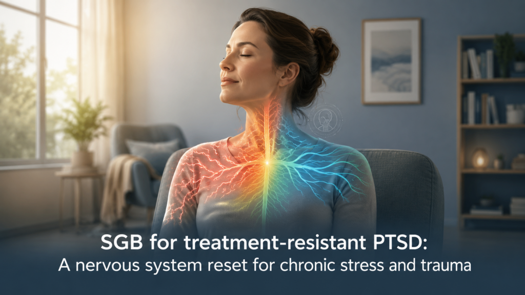 SGB for treatment-resistant PTSD illustration showing a calm person in a softly lit therapy room with a glowing nervous system overlay symbolizing stress and trauma relief.