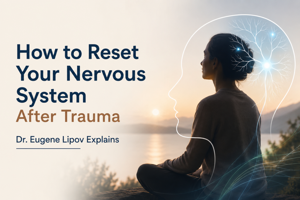Dr. Eugene Lipov Explains how the nervous system responds to trauma, illustrated with a calm meditation scene and nervous system graphic.